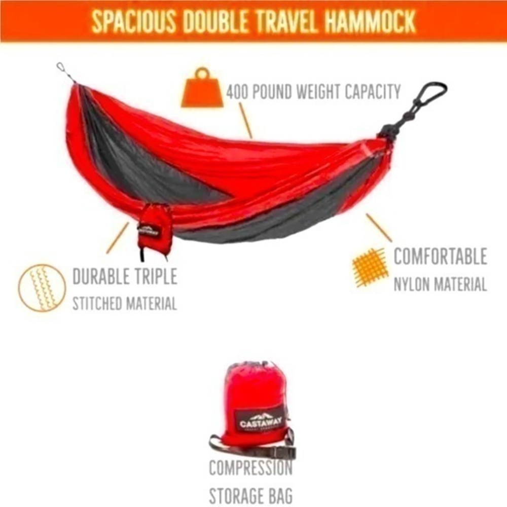 Castaway Travel Hammock Double Red/Charcoal Camping w/2 Tree Straps Free Ship